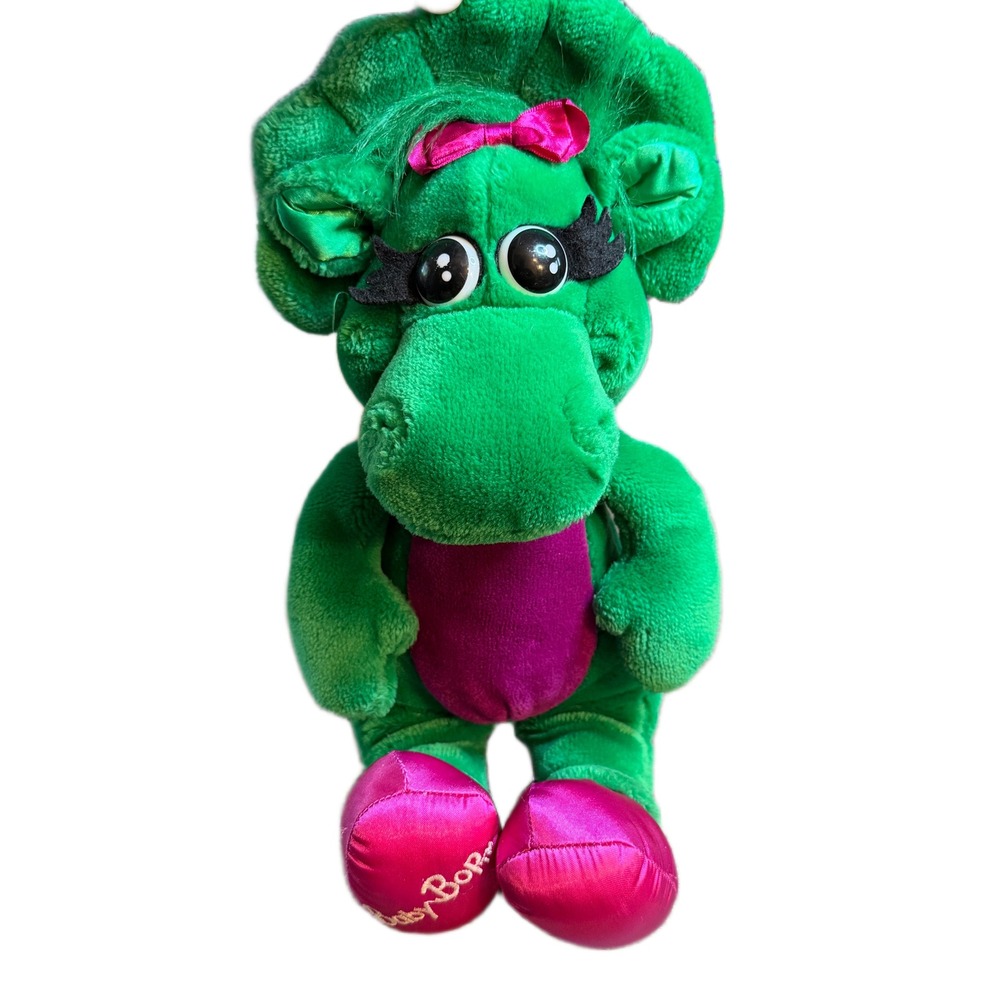 Vintage Barney & Friends 14in Baby Bop Green Dinosaur Plush Pink Bow 1990s Lyons